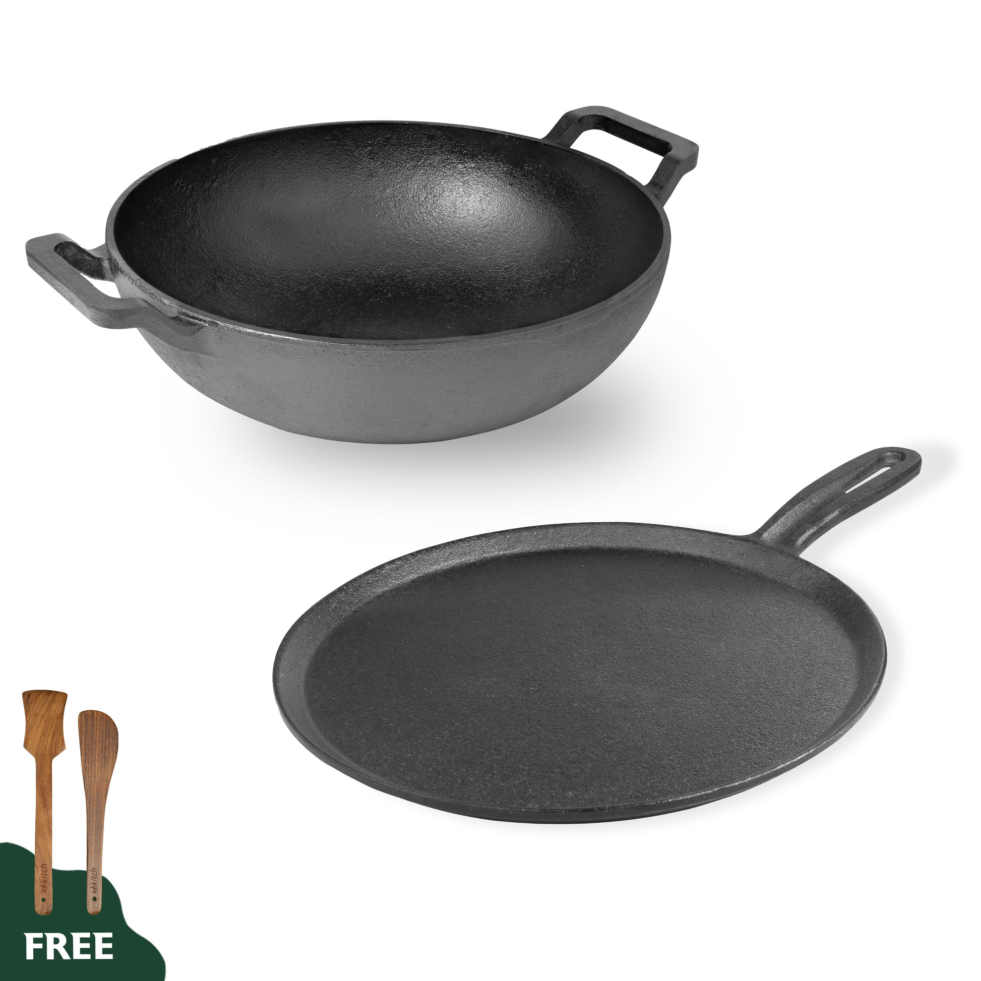 Wekitch Pre-Seasoned Cast Iron Kitchen Cookware Set | Dosa Tawa 29 cm, Kadai 26 cm (2.4 L) & 2 Wooden Spatulas | Naturally Nonstick, Heavy-Duty, Gas & Induction Compatible – Black