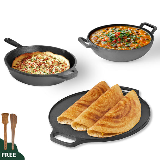 Wekitch Pre-Seasoned Cast Iron Cookware Combo – Tawa 30 cm, Fry Pan 26 cm(1.6 L), Kadai 26 cm(2.4 L) & 2 Wooden Spatulas | Naturally Nonstick, Heavy-Duty Build, Gas & Induction Compatible