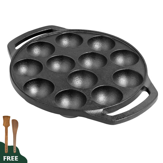 Wekitch Pre-Seasoned Cast Iron Paniyaram Pan | 12 Pit, 21cm, 2kg | Induction Friendly | Nonstick & Toxin-Free | No Chemical Coating