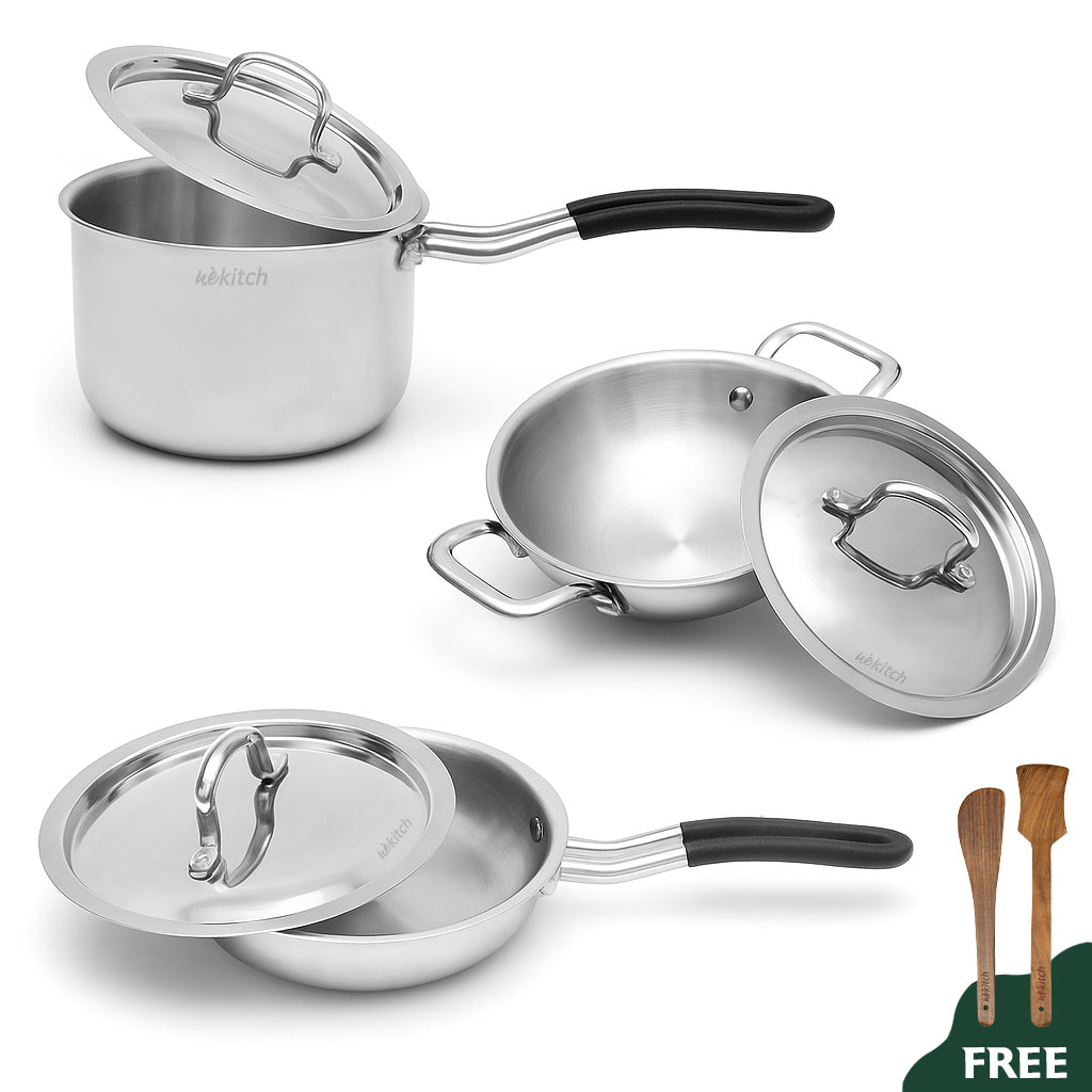 Wekitch Triply Stainless Steel Cookware Set | Fry Pan (24 cm) + Kadai (22 cm) + Saucepan (18 cm) with Lids & Free 2 Wooden Spatulas | Nonstick, Easy to Clean, Rust-Resistant, Gas & Induction Friendly