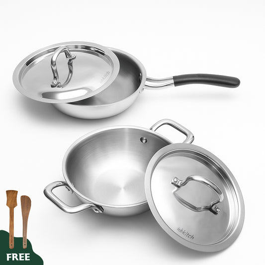 Wekitch Triply Stainless Steel Cookware Set with Lid | Fry Pan (24 cm / 2.1L) + Kadai (22 cm / 2L) + Free 2 Wooden Spatulas |Nonstick, Easy to Clean, Rust-Resistant, Gas & Induction Friendly