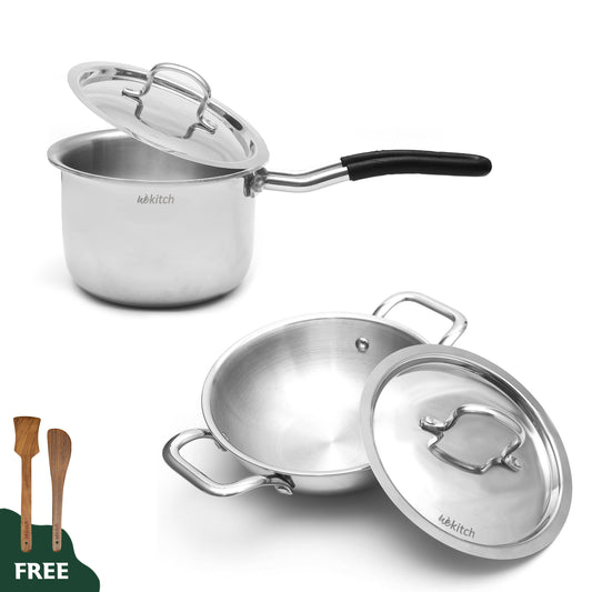 Wekitch Triply Stainless Steel Cookware Set with Lids | Kadai (22 cm / 2 L) + Saucepan (18 cm) + 2 Free Wooden Spatulas | Nonstick, Easy-to-Clean, Rust-Resistant, Gas & Induction Friendly