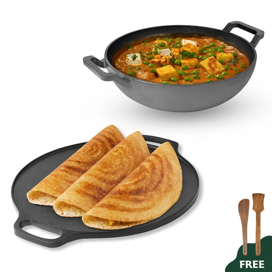 Wekitch Pre-Seasoned Cast Iron Cookware Combo | Tawa (30 cm), Kadai (26 cm / 2.4 L) & 2 Wooden Spatulas | Naturally Nonstick, Heavy-Duty, Gas & Induction Compatible
