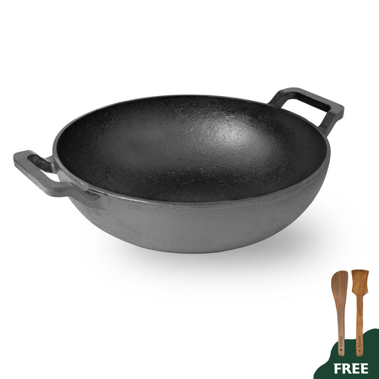 Wekitch Pre-Seasoned Cast Iron Kadai | 26cm, 2.4L, 2.7kg | Flat Handles | Naturally Nonstick & Toxin-Free | No Chemical Coating