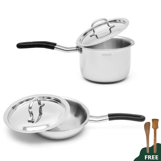 Wekitch Triply Stainless Steel Cookware Set | Fry Pan (24 cm) & Saucepan (18 cm) with Lids + 2 Free Wooden Spatulas | Nonstick, Easy-Clean, Rust-Resistant, Gas & Induction Compatible