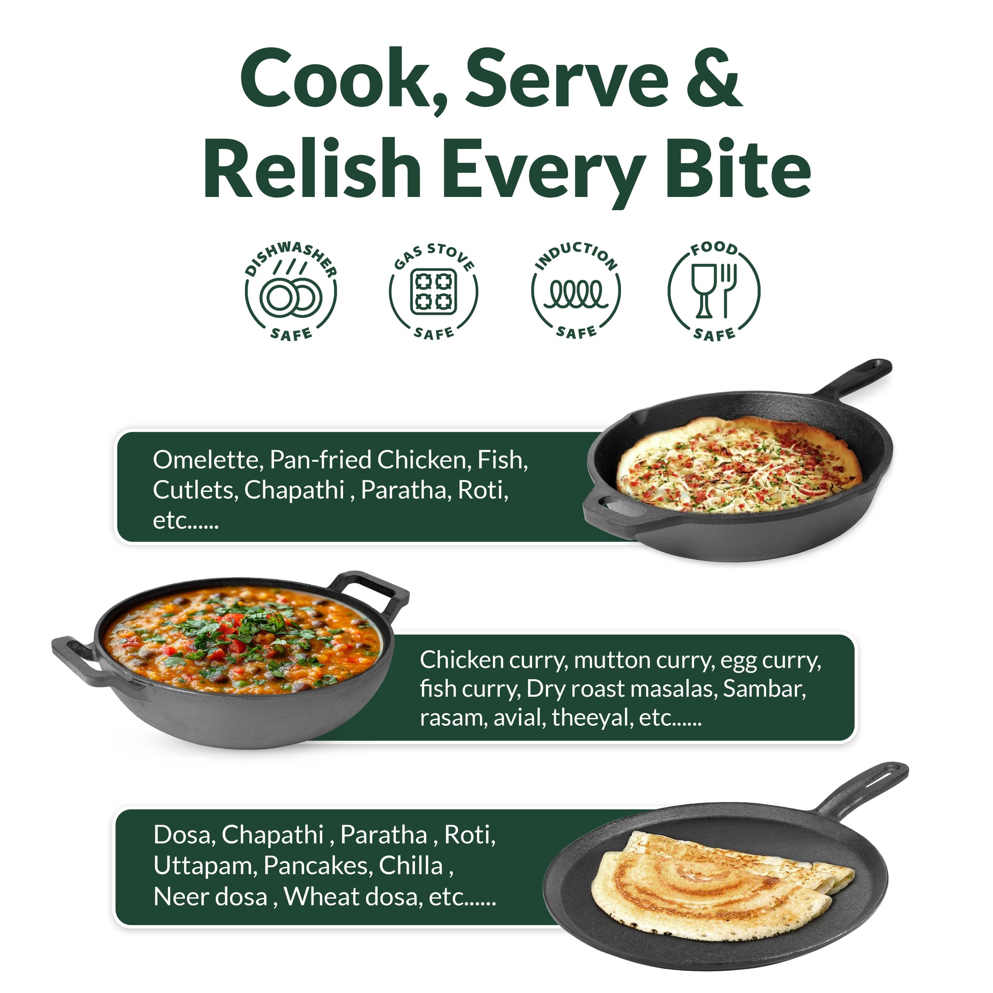Set of frying pans with food on a white background, featuring text about cooking and serving.