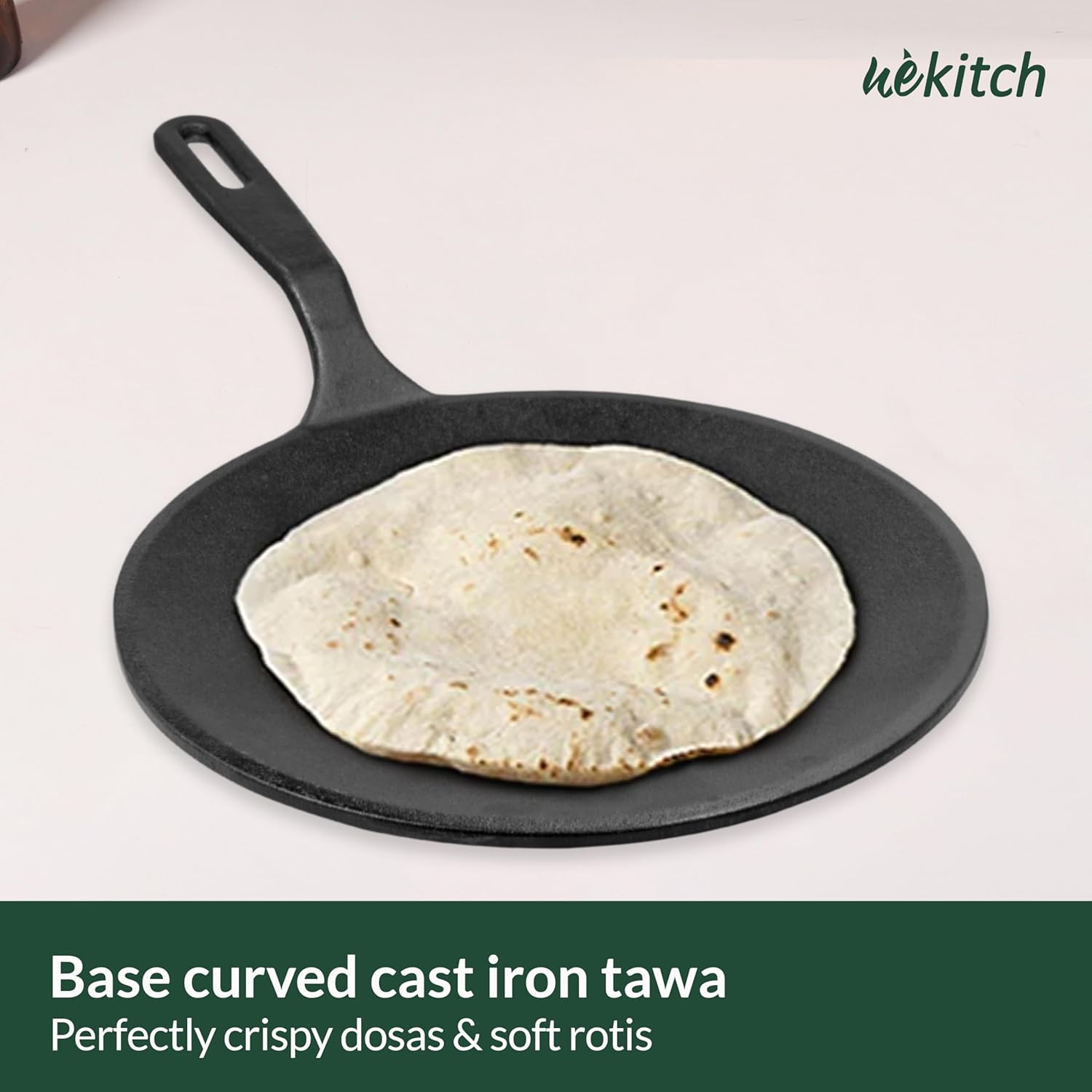 Wekitch Pre-Seasoned Cast Iron Concave Tawa for Dosa & Roti | Nonstick Cookware, Induction & Gas Stove Compatible, 26cm (10 Inch) – Black