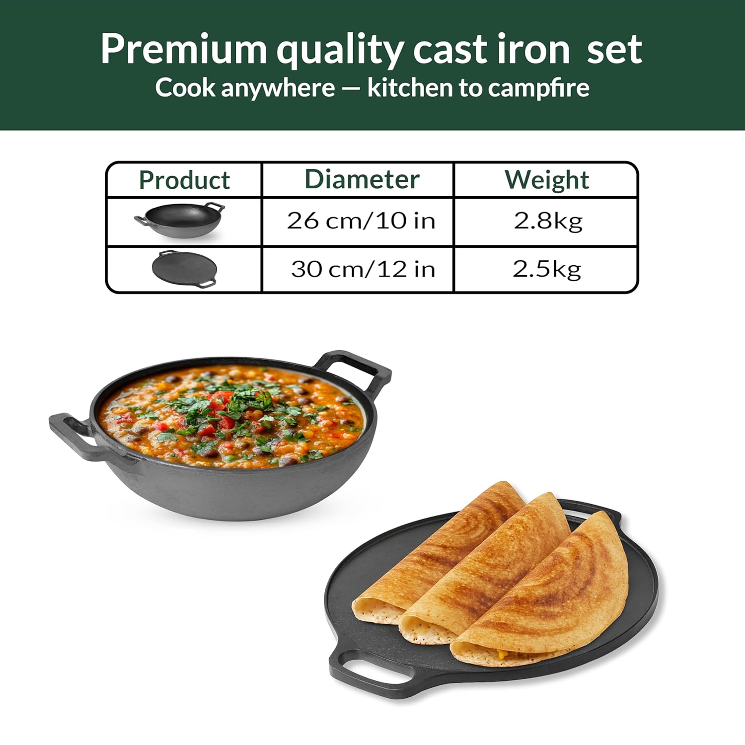 Premium quality cast iron set with cooking pan and flatbread, featuring product dimensions and weight.