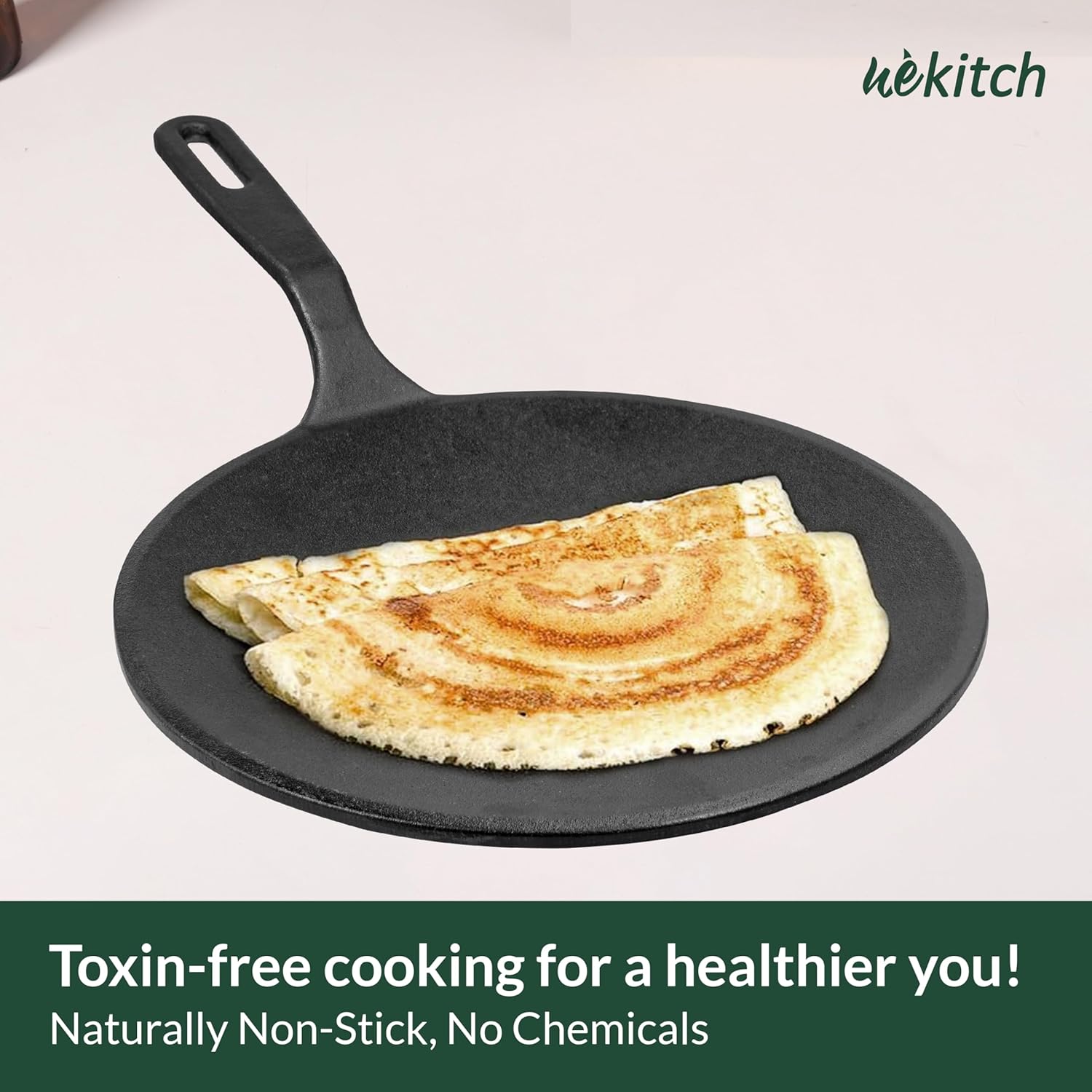 Wekitch Pre-Seasoned Cast Iron Concave Tawa for Dosa & Roti | Nonstick Cookware, Induction & Gas Stove Compatible, 26cm (10 Inch) – Black