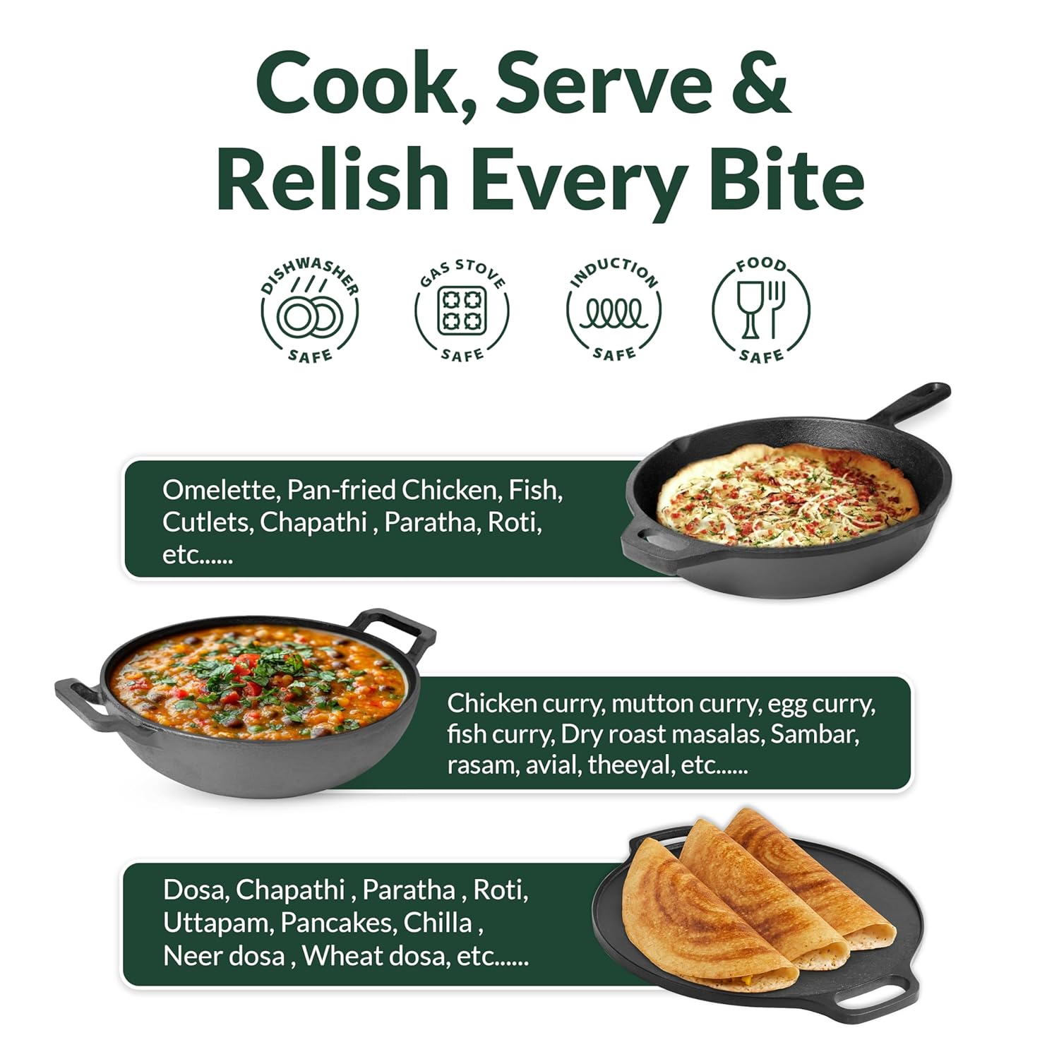 Wekitch Pre-Seasoned Cast Iron Cookware Combo – Tawa 30 cm, Fry Pan 26 cm(1.6 L), Kadai 26 cm(2.4 L) & 2 Wooden Spatulas | Naturally Nonstick, Heavy-Duty Build, Gas & Induction Compatible