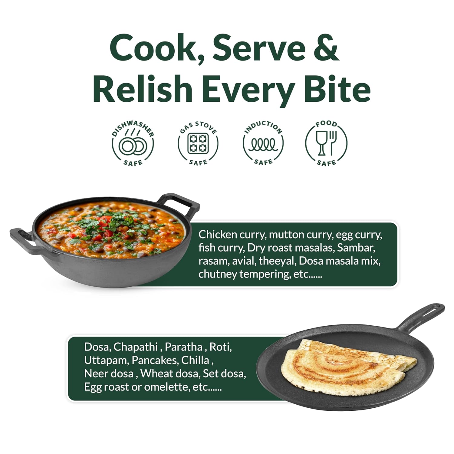 Promotional image of a cooking pan with food and text about cook, serve, and relish every bite.