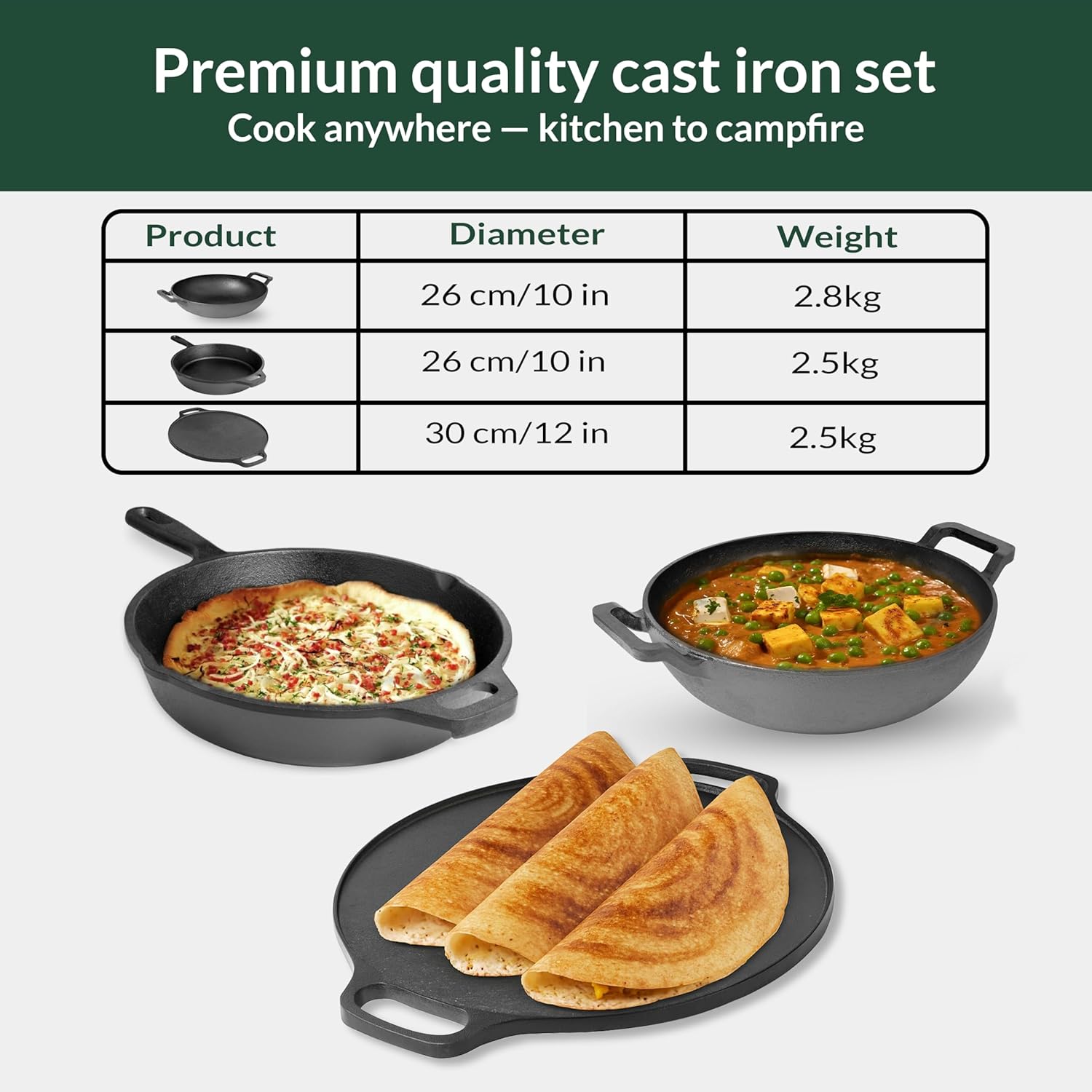 Wekitch Pre-Seasoned Cast Iron Cookware Combo – Tawa 30 cm, Fry Pan 26 cm(1.6 L), Kadai 26 cm(2.4 L) & 2 Wooden Spatulas | Naturally Nonstick, Heavy-Duty Build, Gas & Induction Compatible