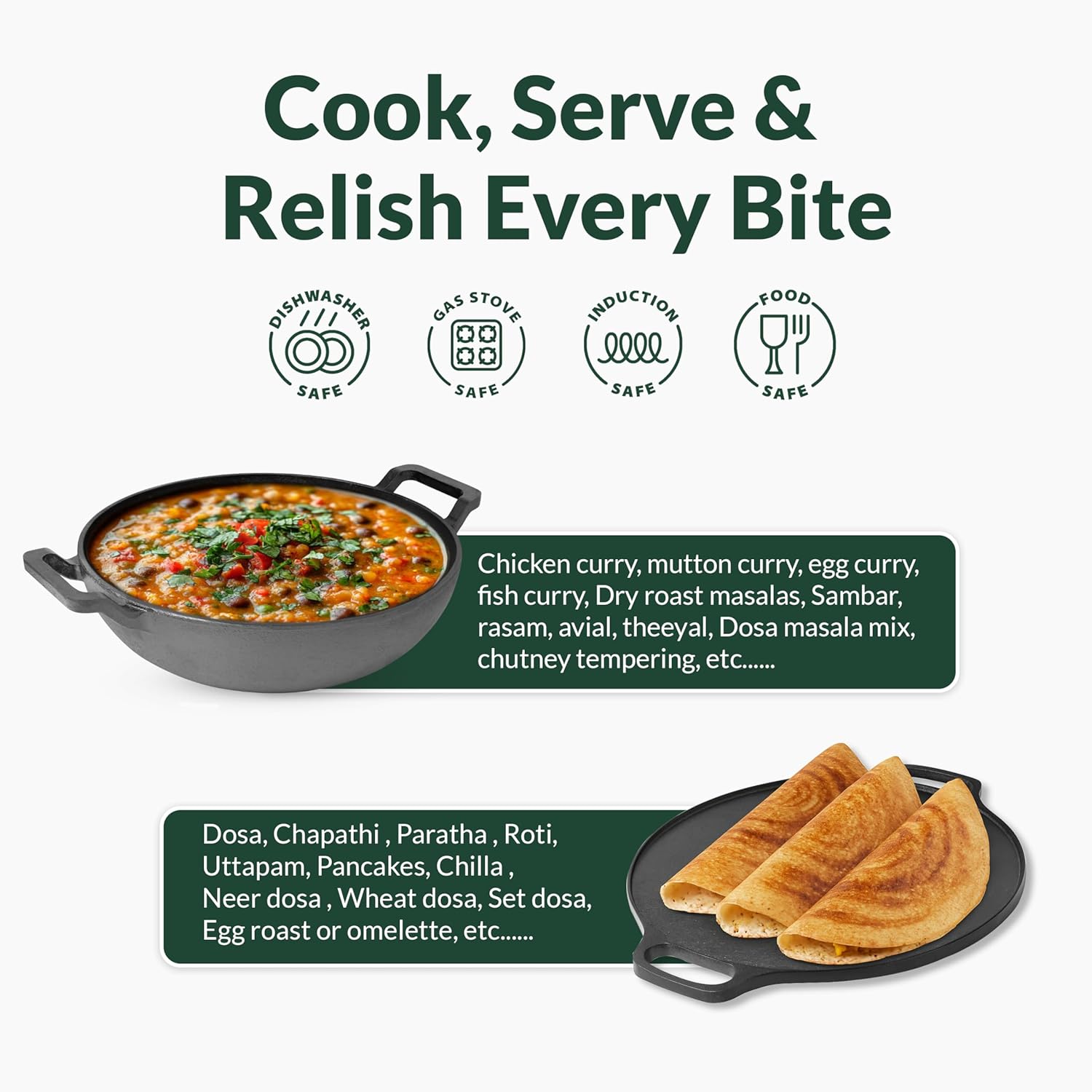 Promotional graphic for cooking and serving food with text and icons on a white background.