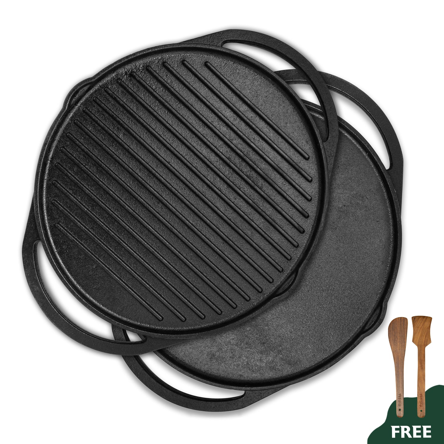 Wekitch Pre-Seasoned Cast Iron Grill Pan | 40cm | 2-in-1 Tawa & Grill | For BBQ, Meats, Seafood & Veggies | Gas & Induction Compatible