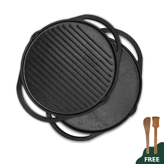 Wekitch Pre-Seasoned Cast Iron Grill Pan | 40cm | 2-in-1 Tawa & Grill | For BBQ, Meats, Seafood & Veggies | Gas & Induction Compatible
