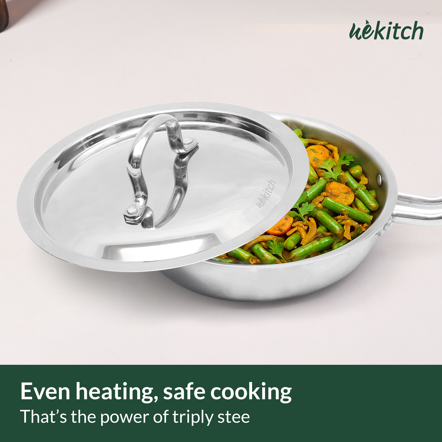 Wekitch Triply Stainless Steel Cookware Set with Lid | Fry Pan (24 cm / 2.1L) + Kadai (22 cm / 2L) + Free 2 Wooden Spatulas |Nonstick, Easy to Clean, Rust-Resistant, Gas & Induction Friendly