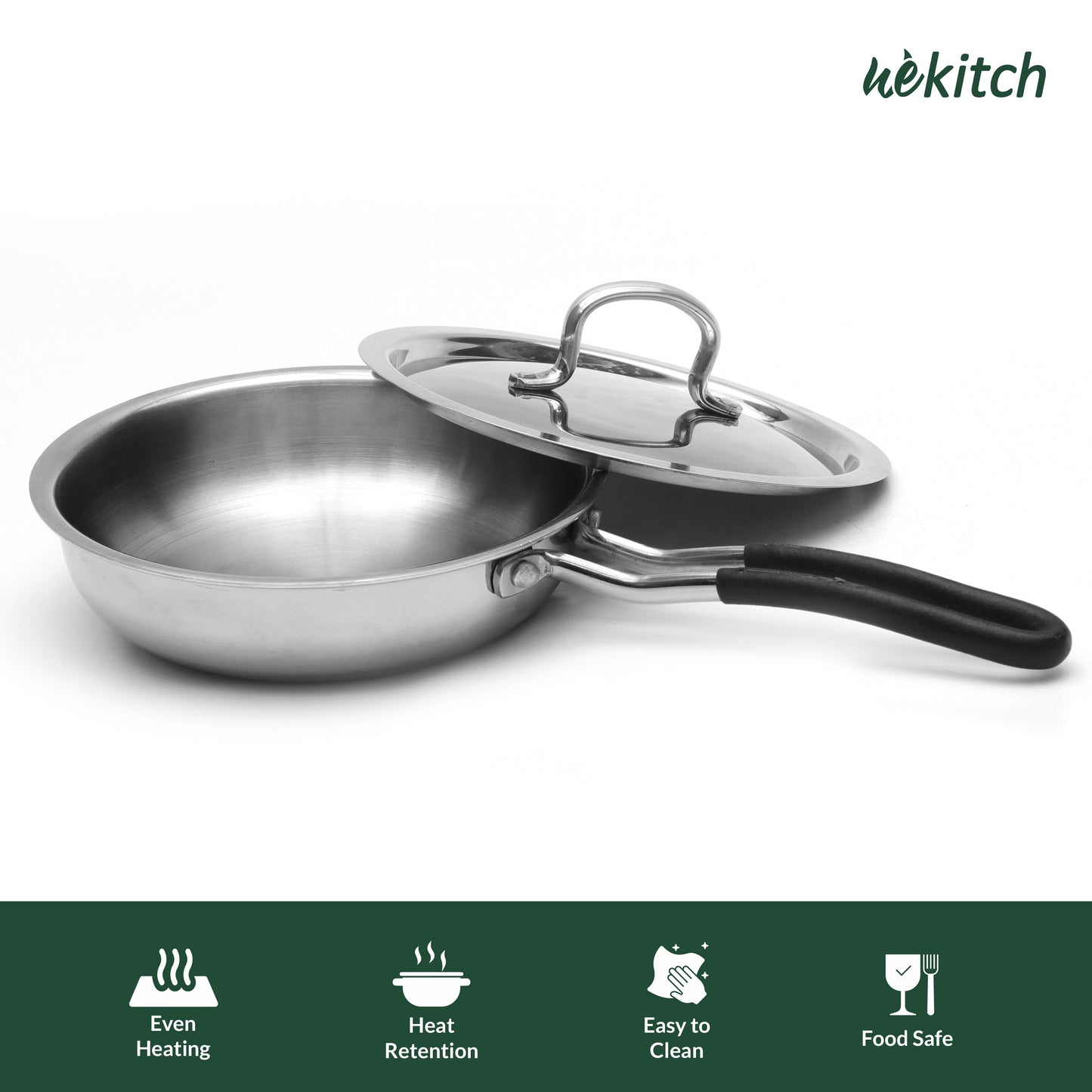 Wekitch Triply Stainless Steel Cookware Set | Fry Pan (24 cm) & Saucepan (18 cm) with Lids + 2 Free Wooden Spatulas | Nonstick, Easy-Clean, Rust-Resistant, Gas & Induction Compatible