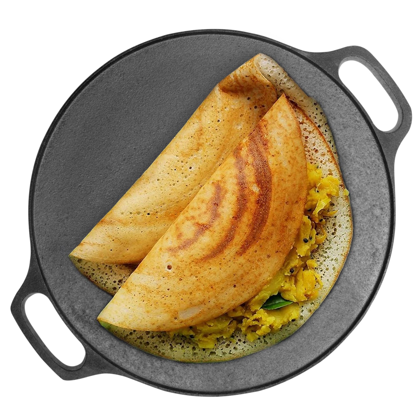 A cast iron tawa that is useful for dosa and chapati, and perfect for Indian kitchens.