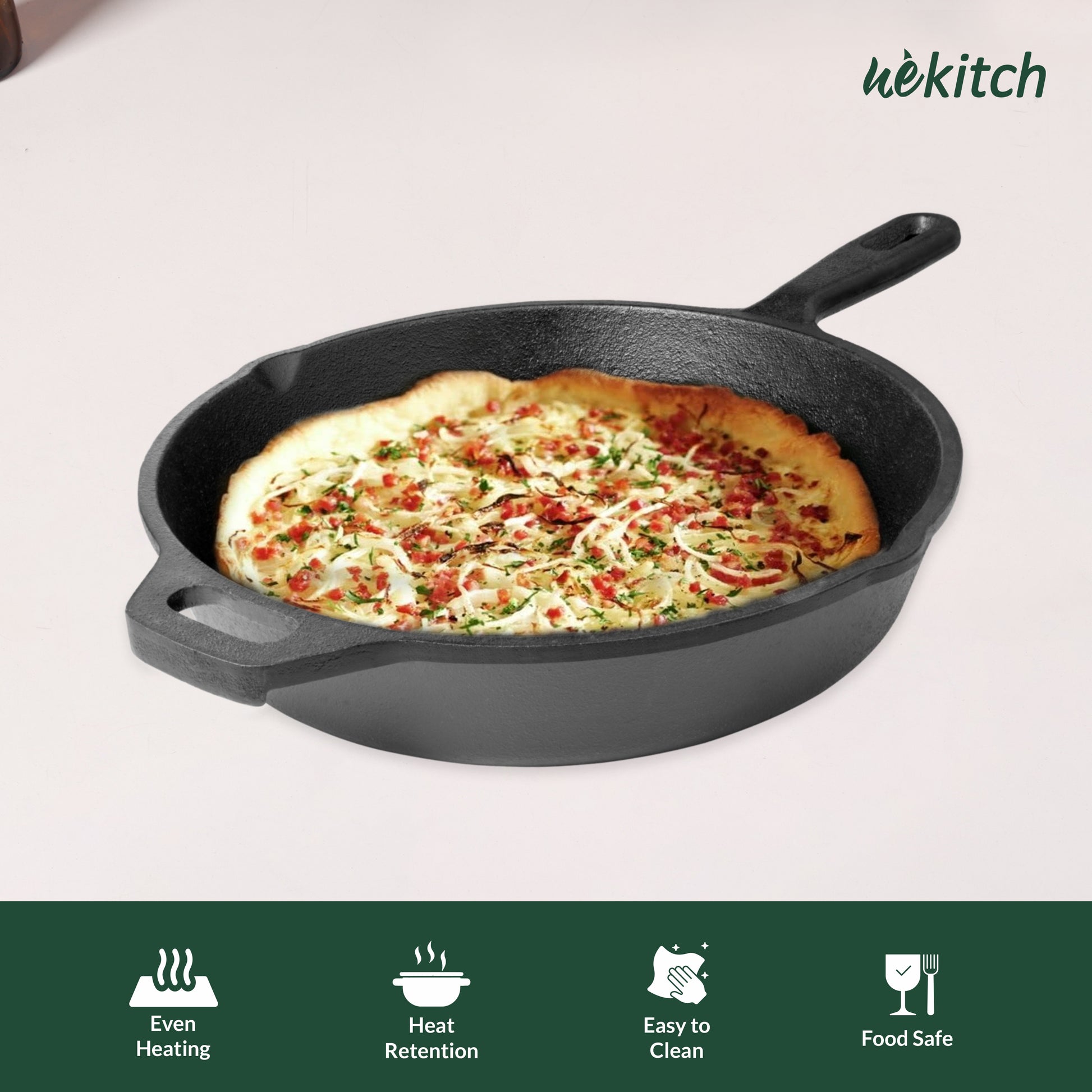 Cast iron skillet with pizza on a white background, featuring the brand 'wekitch'.