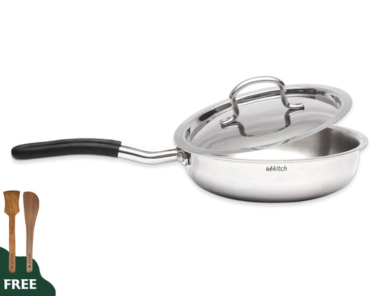 Wekitch Tri-Ply Stainless Steel Fry Pan with Lid | 2.1L | Induction & Gas Compatible | Mirror Finish | Easy to Clean