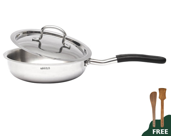Wekitch Tri-Ply Stainless Steel Fry Pan with Lid | 2.1L | Induction & Gas Compatible | Mirror Finish | Easy to Clean