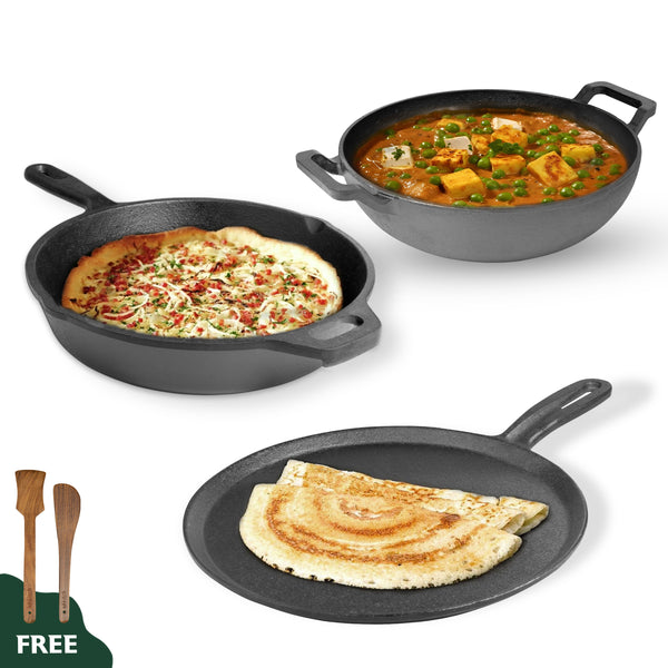 Wekitch Pre-Seasoned Cast Iron Cookware Set | Dosa Tawa (29 cm) + Fry Pan (25 cm / 1.6 L) + Kadai (26 cm / 2.4 L) + Free 2 Wooden Spatulas | Naturally Nonstick, Gas & Induction Friendly – Black