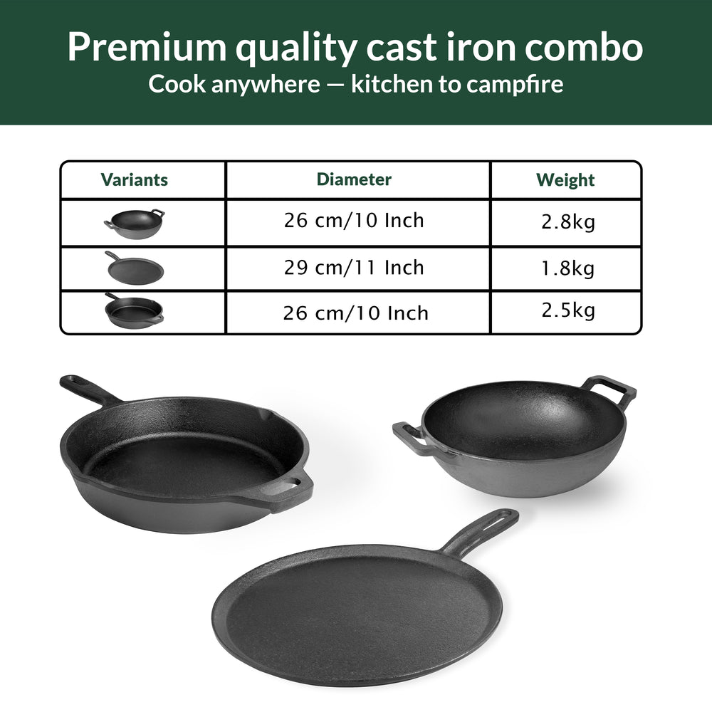 Wekitch Pre-Seasoned Cast Iron Cookware Set | Dosa Tawa (29 cm) + Fry Pan (25 cm / 1.6 L) + Kadai (26 cm / 2.4 L) + Free 2 Wooden Spatulas | Naturally Nonstick, Gas & Induction Friendly – Black