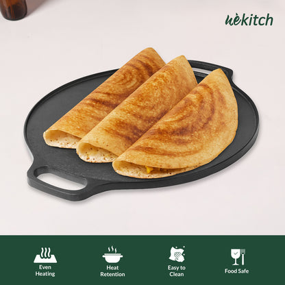Wekitch Pre-Seasoned Cast Iron Cookware Combo – Tawa 30 cm, Fry Pan 26 cm(1.6 L), Kadai 26 cm(2.4 L) & 2 Wooden Spatulas | Naturally Nonstick, Heavy-Duty Build, Gas & Induction Compatible