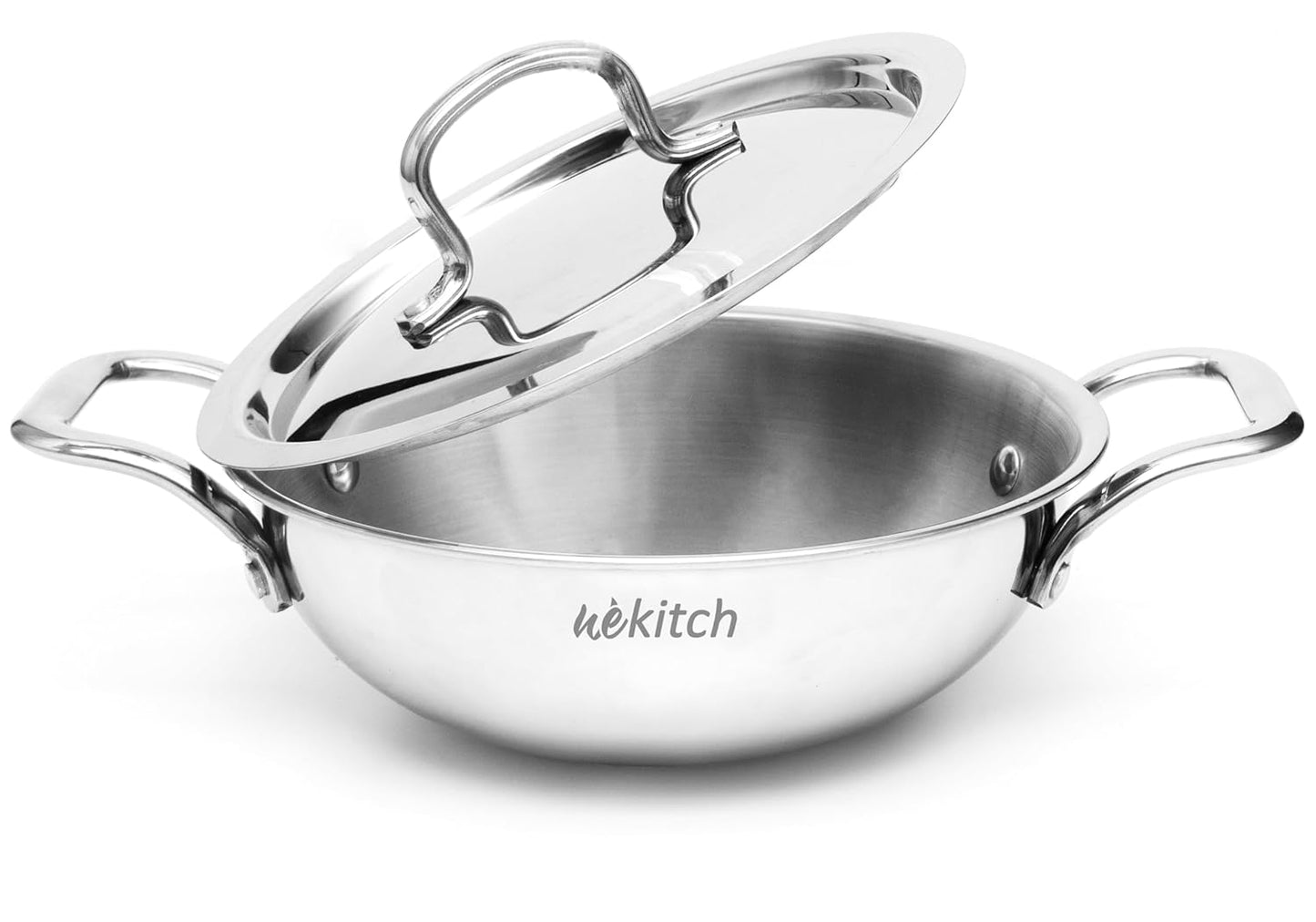 Wekitch Triply Stainless Steel Kadai with Lid | 18 cm, 1.1 litres | Induction & Gas Stove Compatible | Heavy Bottom, Easy to Clean, Metal Spatula Friendly