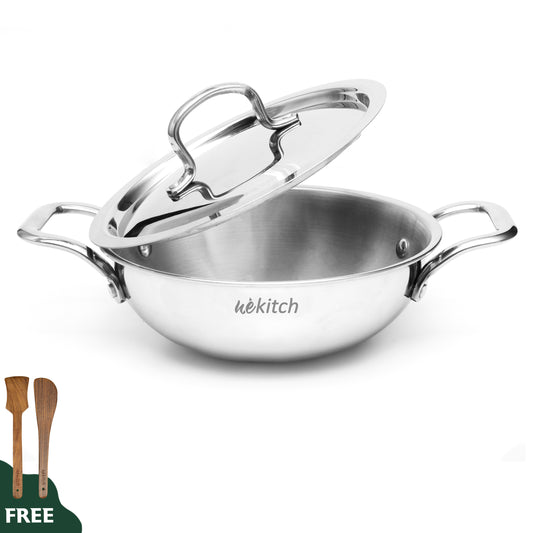 Stainless steel wok with lid on a white background, featuring the 'wekitch' brand.