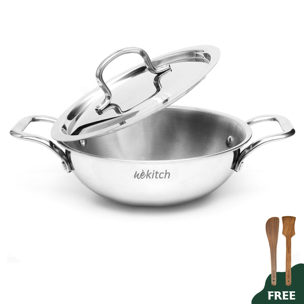Wekitch Tri-Ply Stainless Steel Kadai with Lid | Induction & Gas Compatible | Heavy Bottom | Easy to Clean | Multi-Size