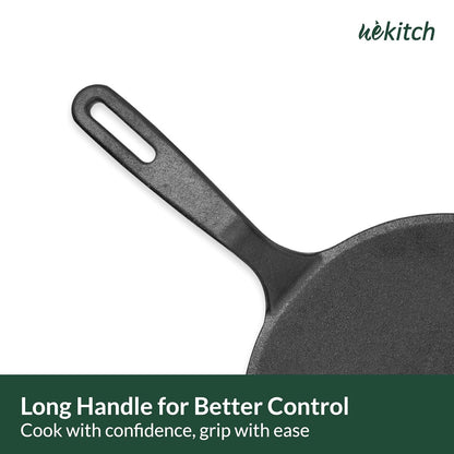 Wekitch Pre-Seasoned Cast Iron Concave Tawa for Dosa & Roti | Nonstick Cookware, Induction & Gas Stove Compatible, 26cm (10 Inch) – Black
