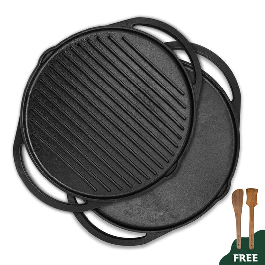 Wekitch Pre-Seasoned Cast Iron Grill Pan | 40cm | 2-in-1 Tawa & Grill | For BBQ, Meats, Seafood & Veggies | Gas & Induction Compatible