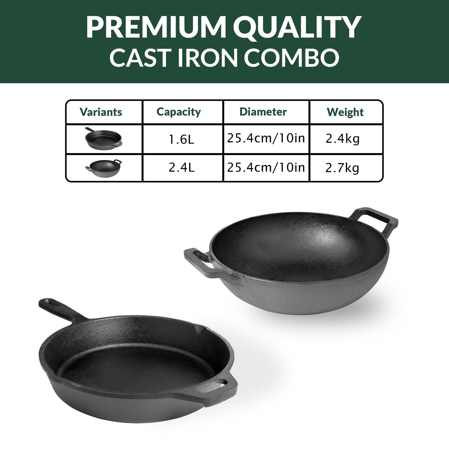 Pre-Seasoned Cast Iron Cookware Combo – Fry Pan 26 cm (1.6 L), Kadai 26 cm (2.4 L) & 2 Wooden Spatulas | Naturally Nonstick, Heavy-Duty Build, Gas & Induction Compatible