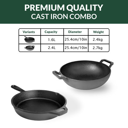 Pre-Seasoned Cast Iron Cookware Combo – Fry Pan 26 cm (1.6 L), Kadai 26 cm (2.4 L) & 2 Wooden Spatulas | Naturally Nonstick, Heavy-Duty Build, Gas & Induction Compatible