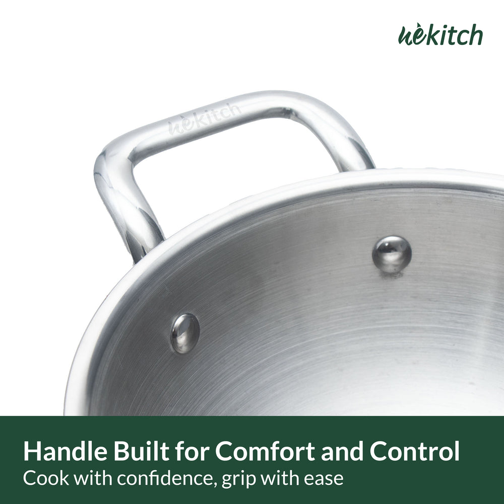 Wekitch Tri-Ply Stainless Steel Kadai with Lid | Induction & Gas Compatible | Heavy Bottom | Easy to Clean | Multi-Size