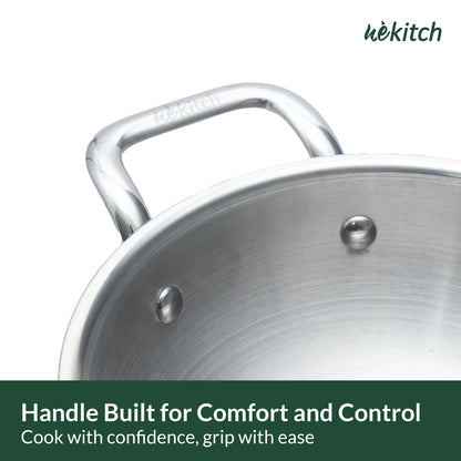 Wekitch Triply Stainless Steel Cookware Set with Lids | Kadai (22 cm / 2 L) + Saucepan (18 cm) + 2 Free Wooden Spatulas | Nonstick, Easy-to-Clean, Rust-Resistant, Gas & Induction Friendly