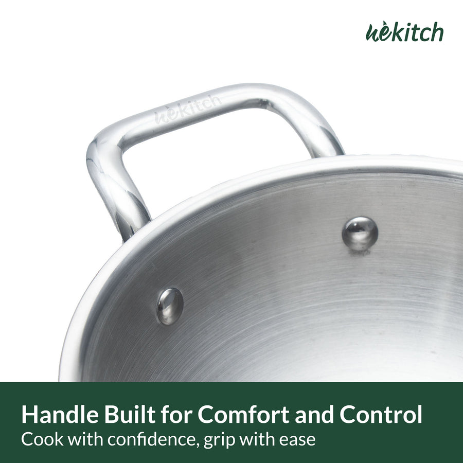 Wekitch Triply Stainless Steel Cookware Set with Lid | Fry Pan (24 cm / 2.1L) + Kadai (22 cm / 2L) + Free 2 Wooden Spatulas |Nonstick, Easy to Clean, Rust-Resistant, Gas & Induction Friendly
