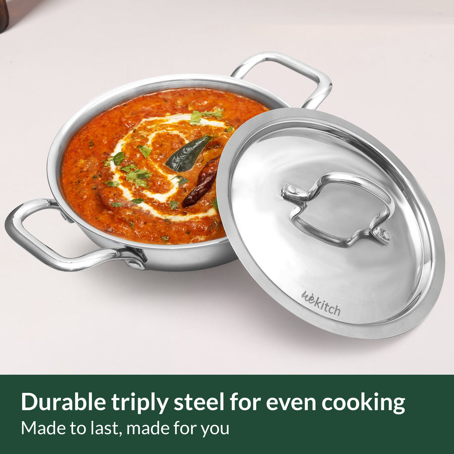 Wekitch Tri-Ply Stainless Steel Kadai with Lid | Induction & Gas Compatible | Heavy Bottom | Easy to Clean | Multi-Size