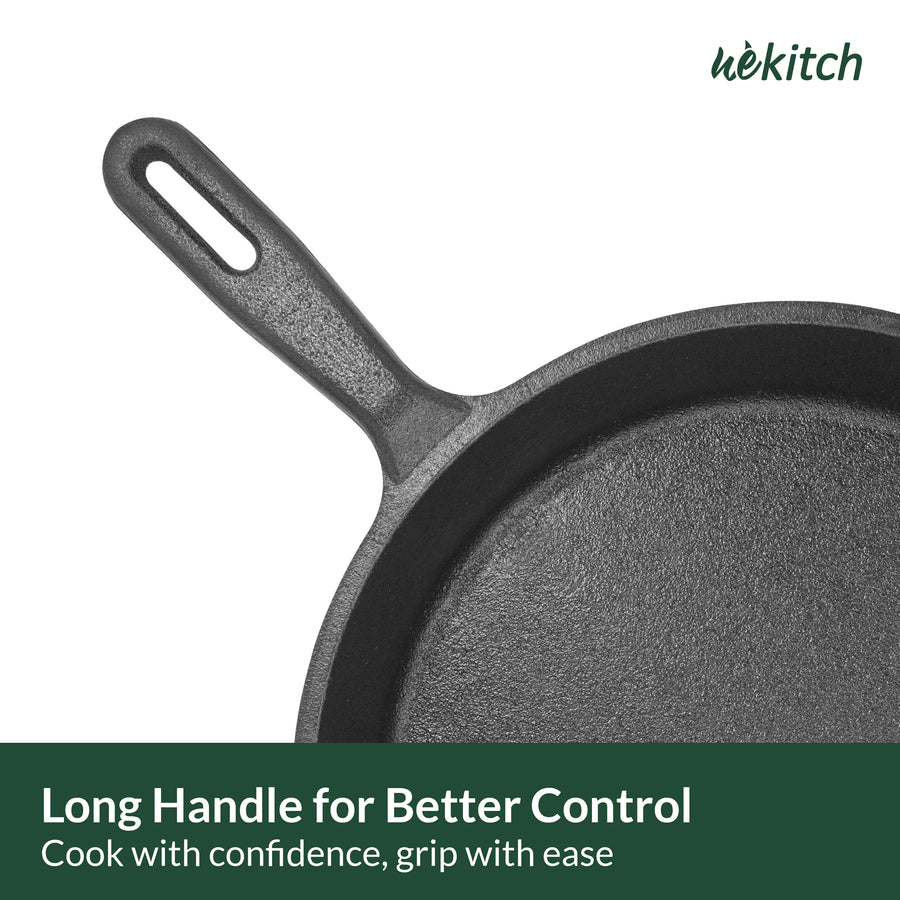 Wekitch Pre-Seasoned Cast Iron Fry Pan with Long Handle | 10 Inch Frying Pan | 1.6 L, 2.4 kg | Healthy Cooking, Heavy-Duty Nonstick Skillet, Induction Cookware, Gas Stove Compatible | Black