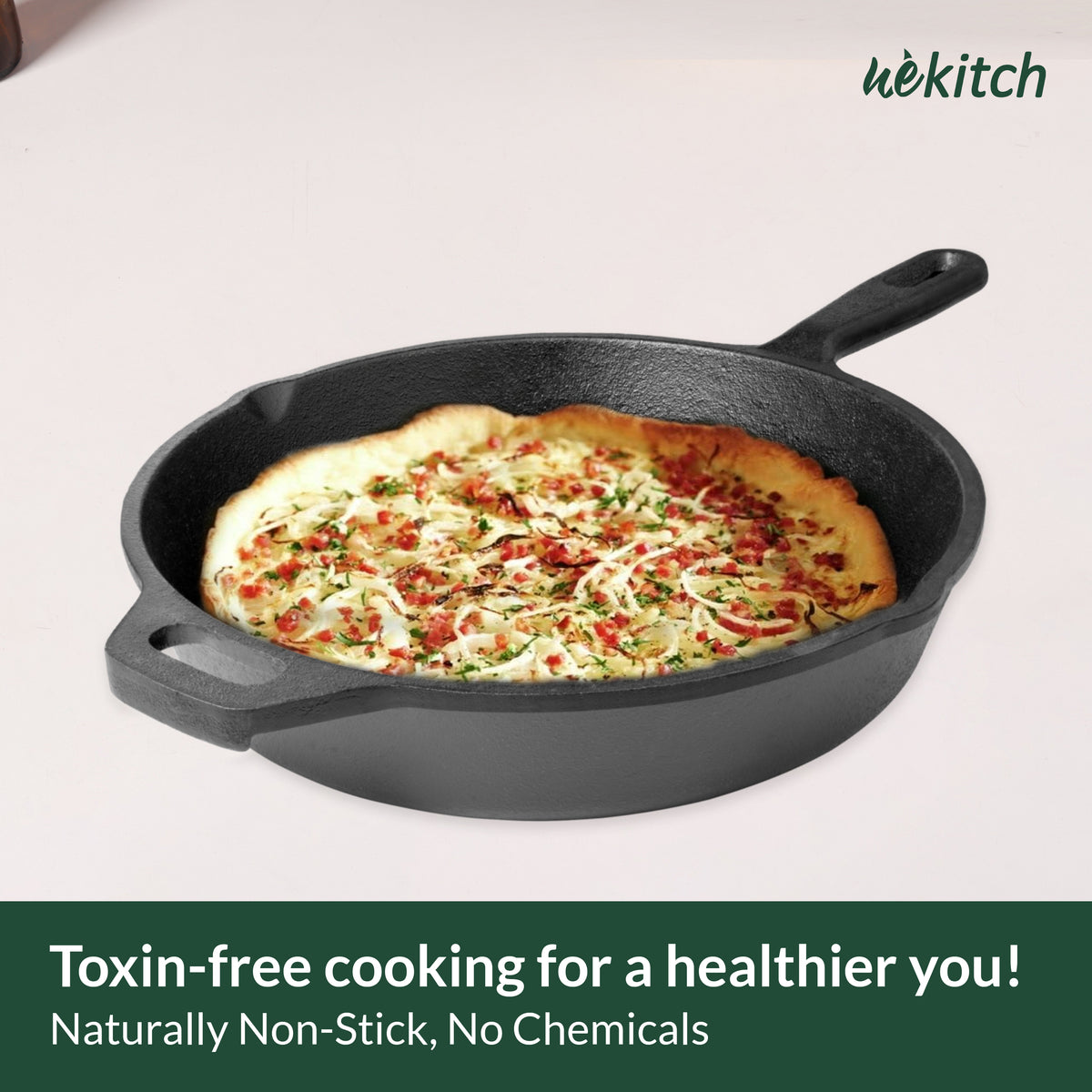 Wekitch Pre-Seasoned Cast Iron Fry Pan with Long Handle | 10 Inch Frying Pan | 1.6 L, 2.4 kg | Healthy Cooking, Heavy-Duty Nonstick Skillet, Induction Cookware, Gas Stove Compatible | Black