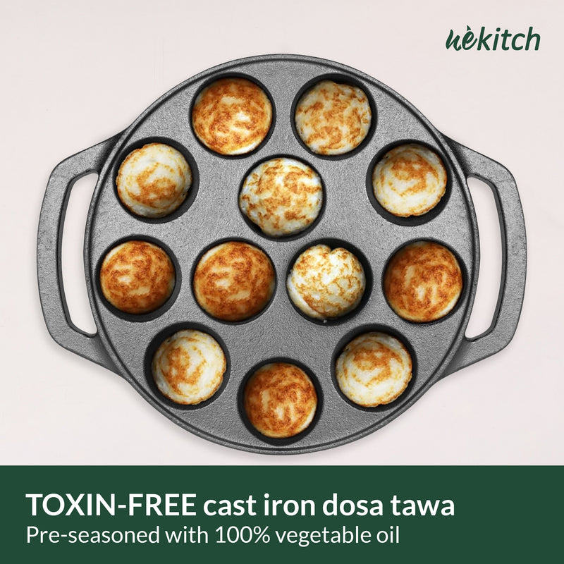 Wekitch Pre-Seasoned Cast Iron Paniyaram Pan | 12 Pit, 21cm, 2kg | Induction Friendly | Nonstick & Toxin-Free | No Chemical Coating