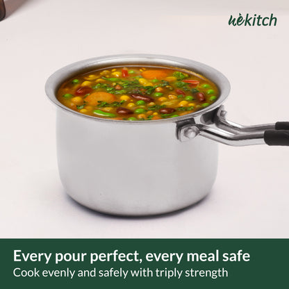 Wekitch Triply Stainless Steel Cookware Set | Fry Pan (24 cm) & Saucepan (18 cm) with Lids + 2 Free Wooden Spatulas | Nonstick, Easy-Clean, Rust-Resistant, Gas & Induction Compatible