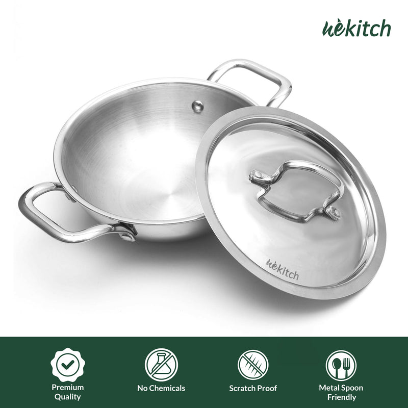 Wekitch Tri-Ply Stainless Steel Kadai with Lid | Induction & Gas Compatible | Heavy Bottom | Easy to Clean | Multi-Size