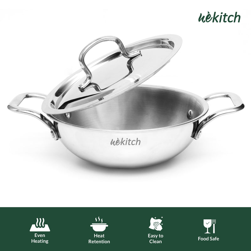 Wekitch Triply Stainless Steel Cookware Set with Lid | Fry Pan (24 cm / 2.1L) + Kadai (22 cm / 2L) + Free 2 Wooden Spatulas |Nonstick, Easy to Clean, Rust-Resistant, Gas & Induction Friendly