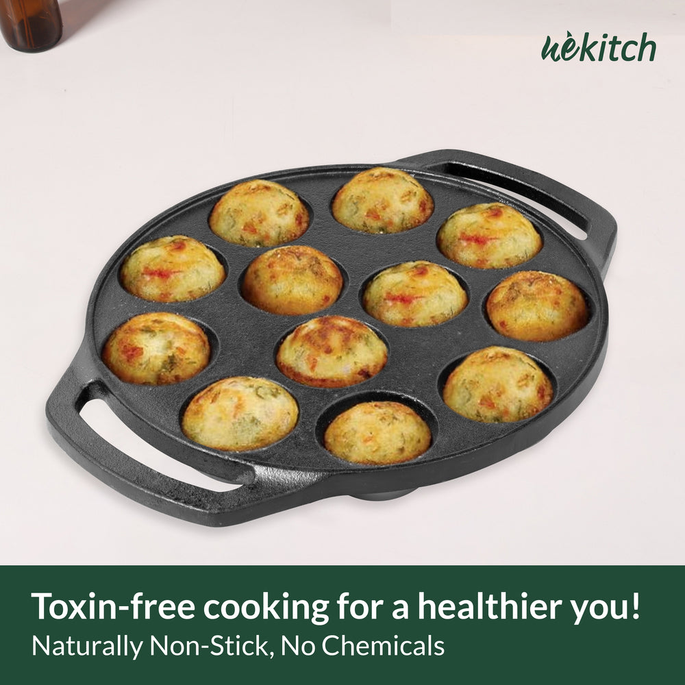 Wekitch Pre-Seasoned Cast Iron Paniyaram Pan | 12 Pit, 21cm, 2kg | Induction Friendly | Nonstick & Toxin-Free | No Chemical Coating