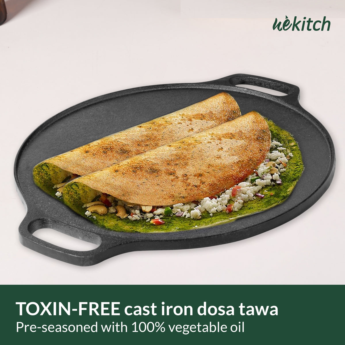 Wekitch Pre-Seasoned Cast Iron Tawa | 31cm, 2.5kg | Induction Friendly | Nonstick & Toxin-Free | No Chemical Coating | Perfect for Dosa/Chapati