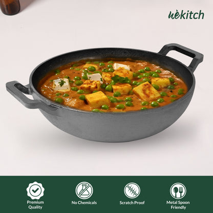 Pre-Seasoned Cast Iron Cookware Combo – Fry Pan 26 cm (1.6 L), Kadai 26 cm (2.4 L) & 2 Wooden Spatulas | Naturally Nonstick, Heavy-Duty Build, Gas & Induction Compatible