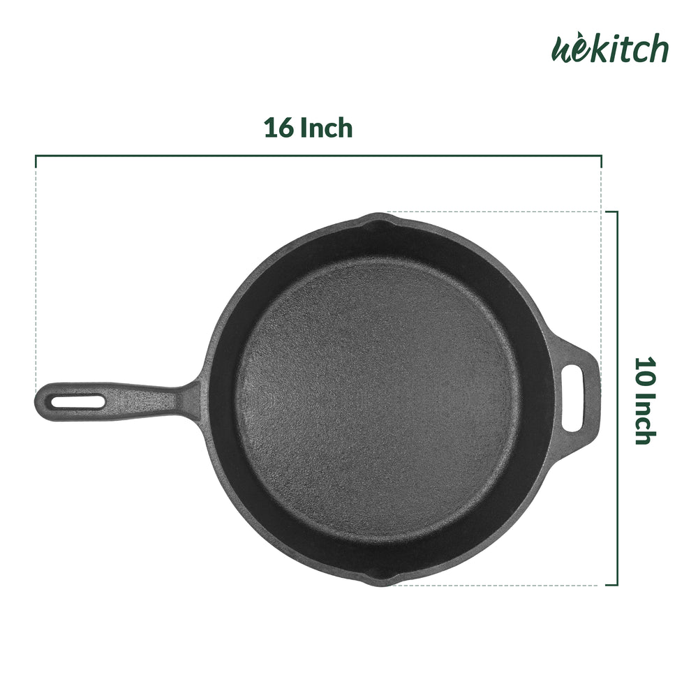Wekitch Pre-Seasoned Cast Iron Fry Pan with Long Handle | 10 Inch Frying Pan | 1.6 L, 2.4 kg | Healthy Cooking, Heavy-Duty Nonstick Skillet, Induction Cookware, Gas Stove Compatible | Black