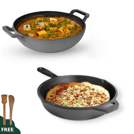 Pre-Seasoned Cast Iron Cookware Combo – Fry Pan 26 cm (1.6 L), Kadai 26 cm (2.4 L) & 2 Wooden Spatulas | Naturally Nonstick, Heavy-Duty Build, Gas & Induction Compatible